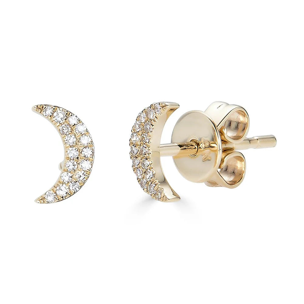 14K Solid Gold Diamond Moon Stud Earring
