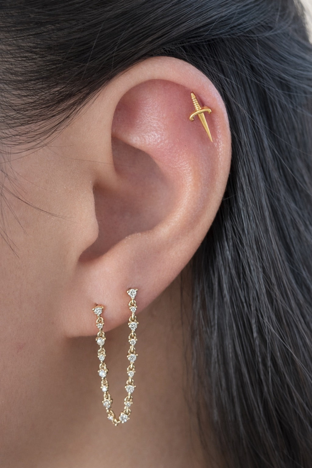 14K Solid Gold Diamond Connector Chain Earring