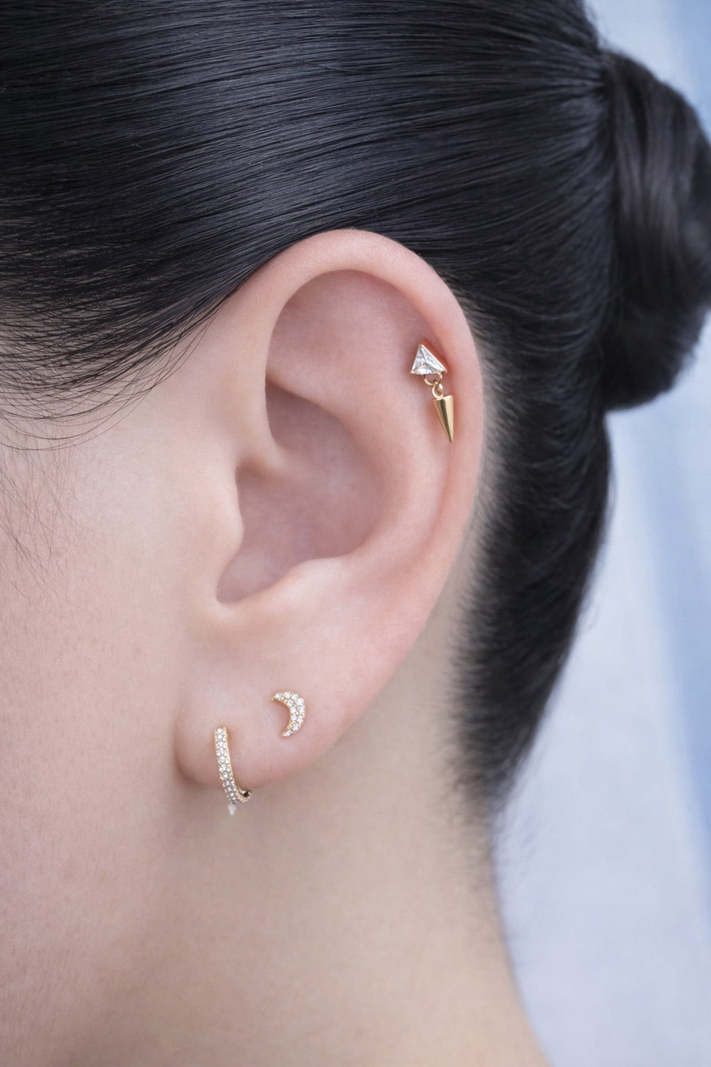 14K Solid Gold Diamond Moon Stud Earring