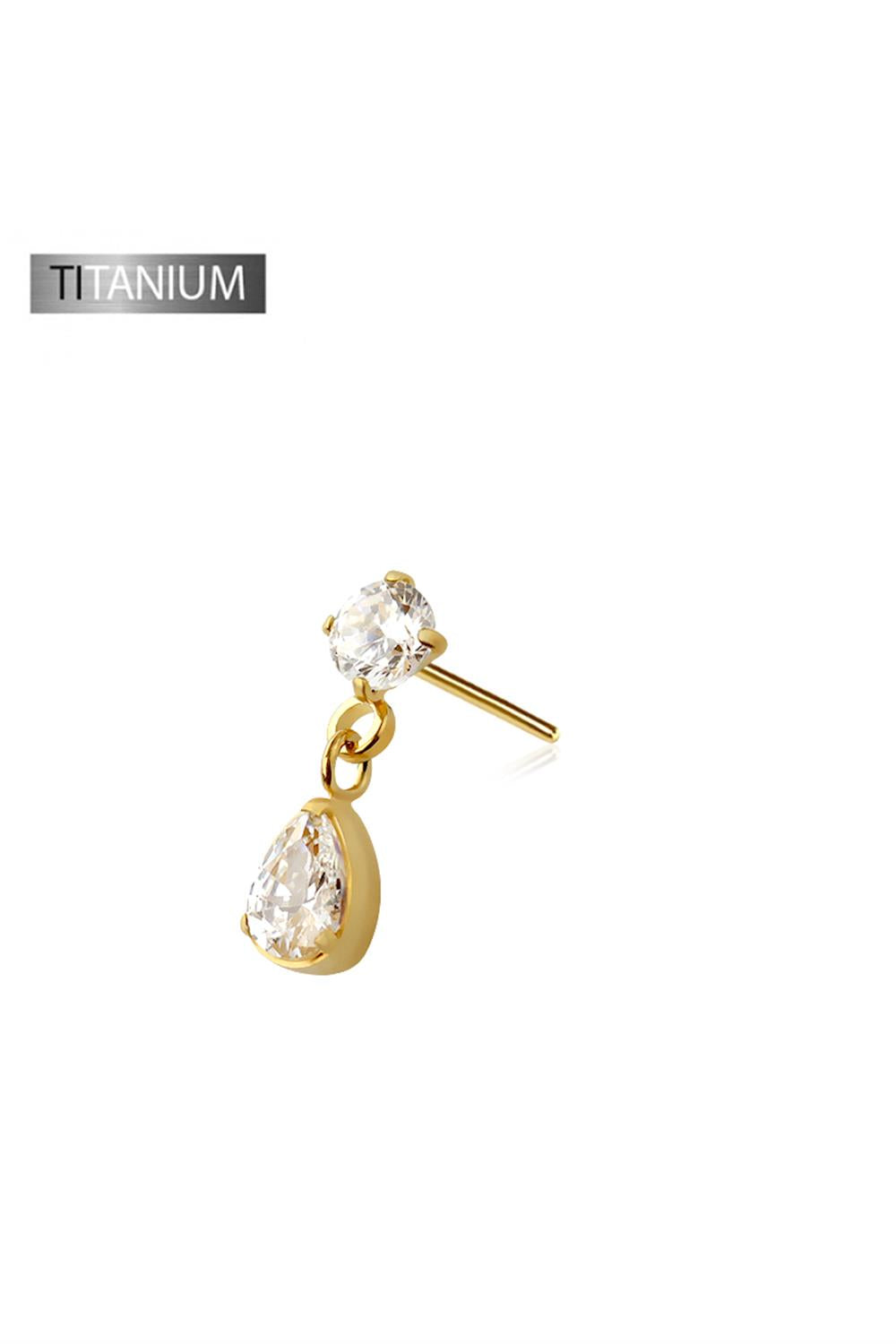 CZ bezel stud with teardrop dangle, implant grade titanium