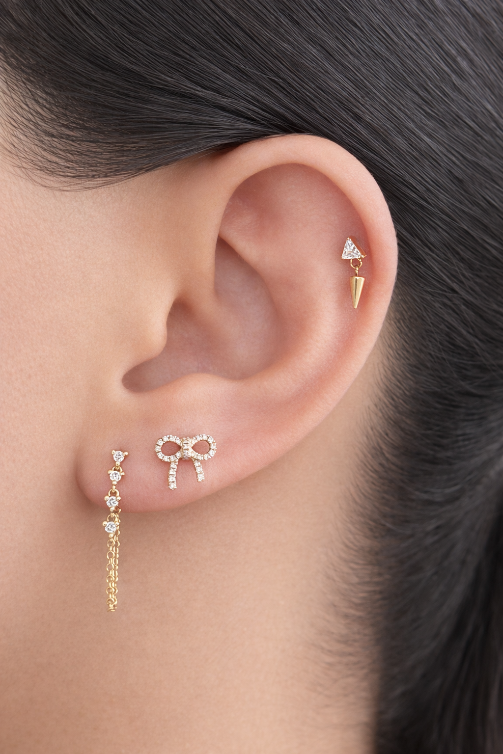 14K Solid Gold Pave Diamond Bow Stud Earrings