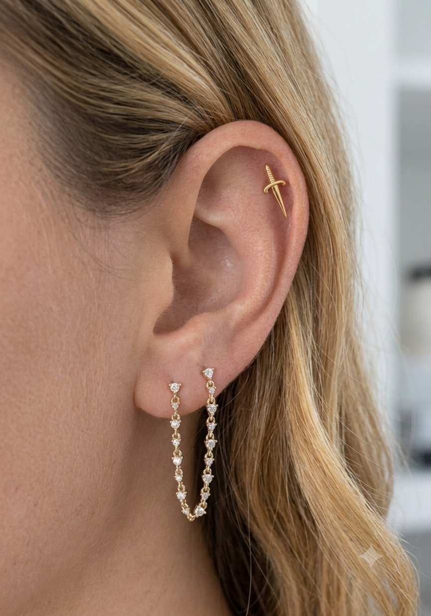 Gold diamond chain earring styled on ear