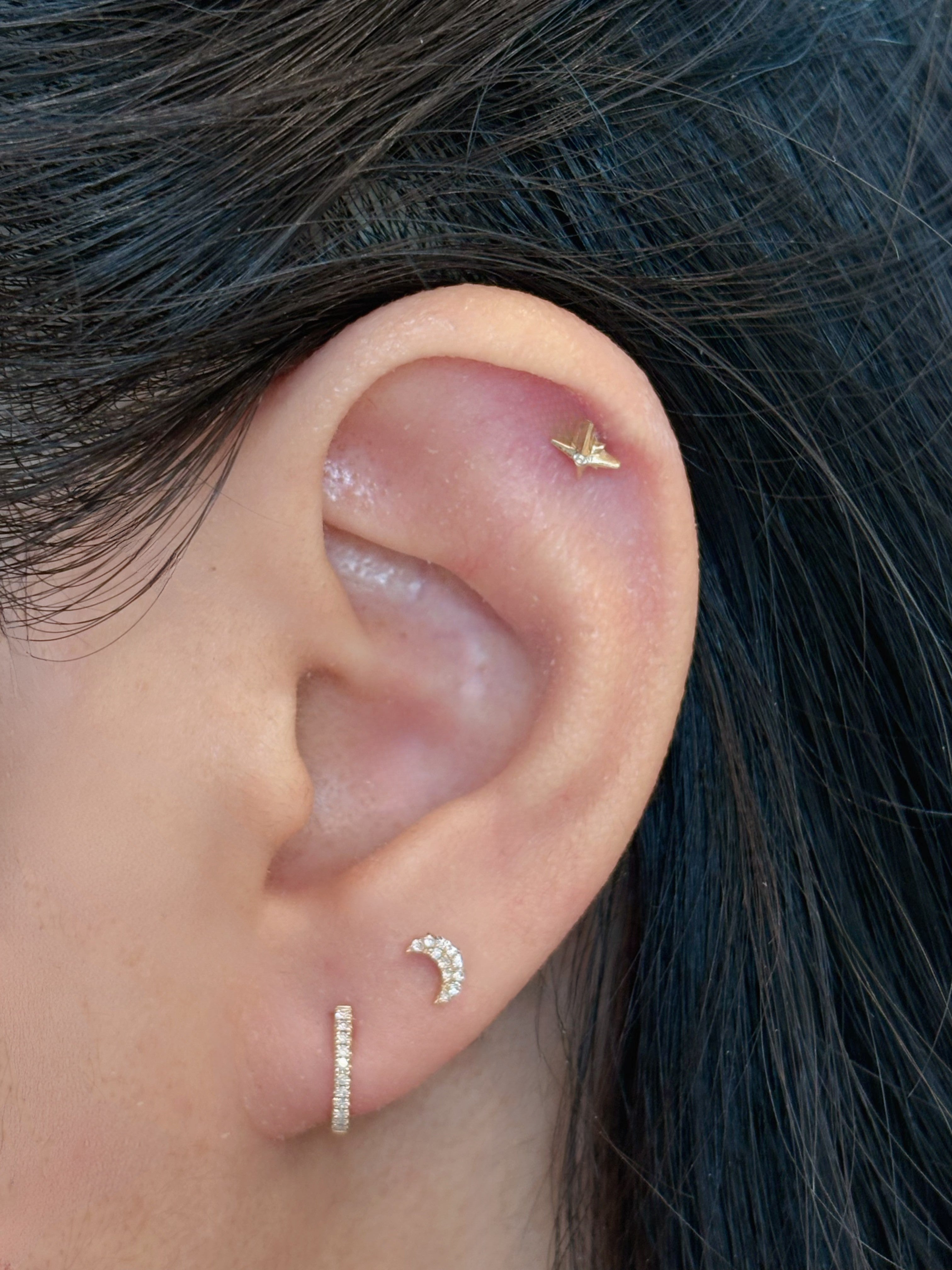 14K Solid Gold Diamond Moon Stud Earring