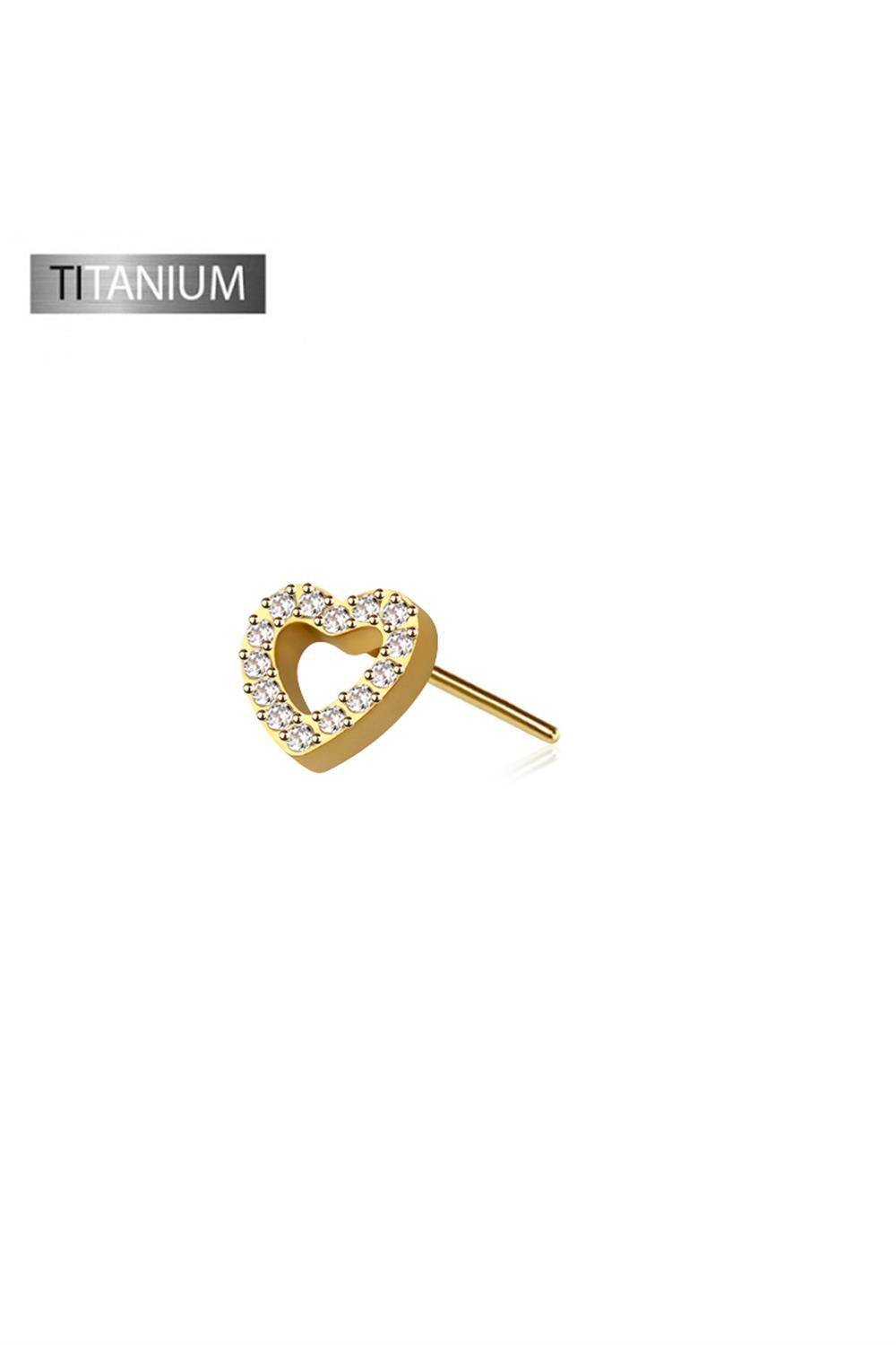 Gold heart-shaped earring with clear stones on a white background, labeled 'Titanium'.