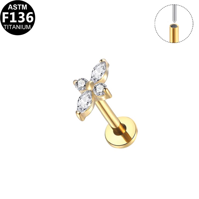 CZ flower stud earring, implant grade titanium, flatback. 18kpvd