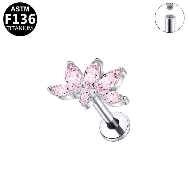 Reverie Lotus flat back stud with five pink marquise CZ petals, implant grade titanium