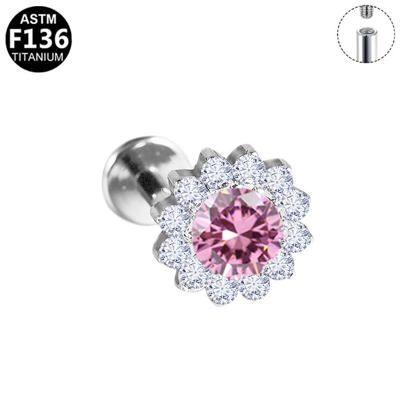 Rosette Halo flat back stud with pink center CZ and clear CZ halo, implant grade titanium