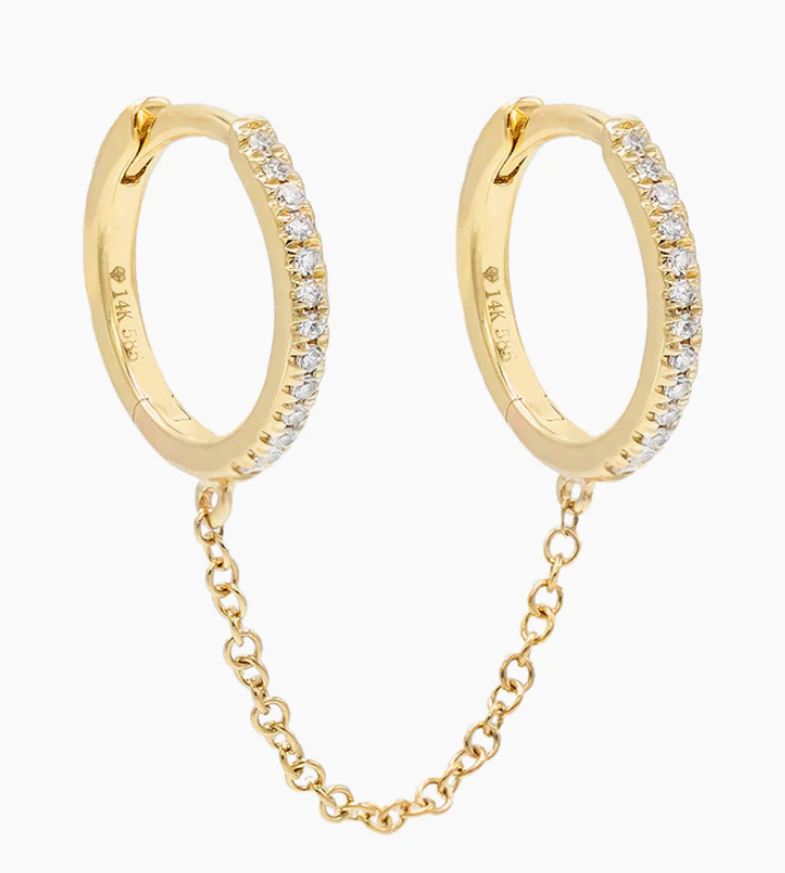 14K Solid Gold Double Pave Diamond Huggie Chain Earring