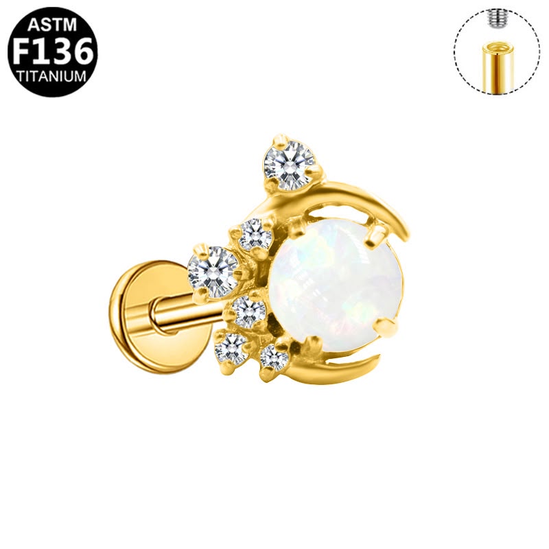 Selene Opal Crescent gold titanium flat back stud with lab-created opal and CZ crescent