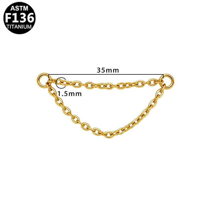 A gold-colored titanium chain accessory with dimension markings showing a 35mm length and 1.5mm link width, on a white background with an ASTM F136 Titanium badge in the top-left corner.