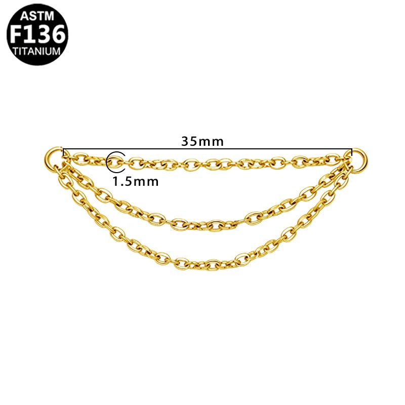 A gold-toned double-strand chain accessory with dimension markings showing 35mm width and 1.5mm link size, on a white background with an ASTM F136 Titanium badge in the top-left corner.