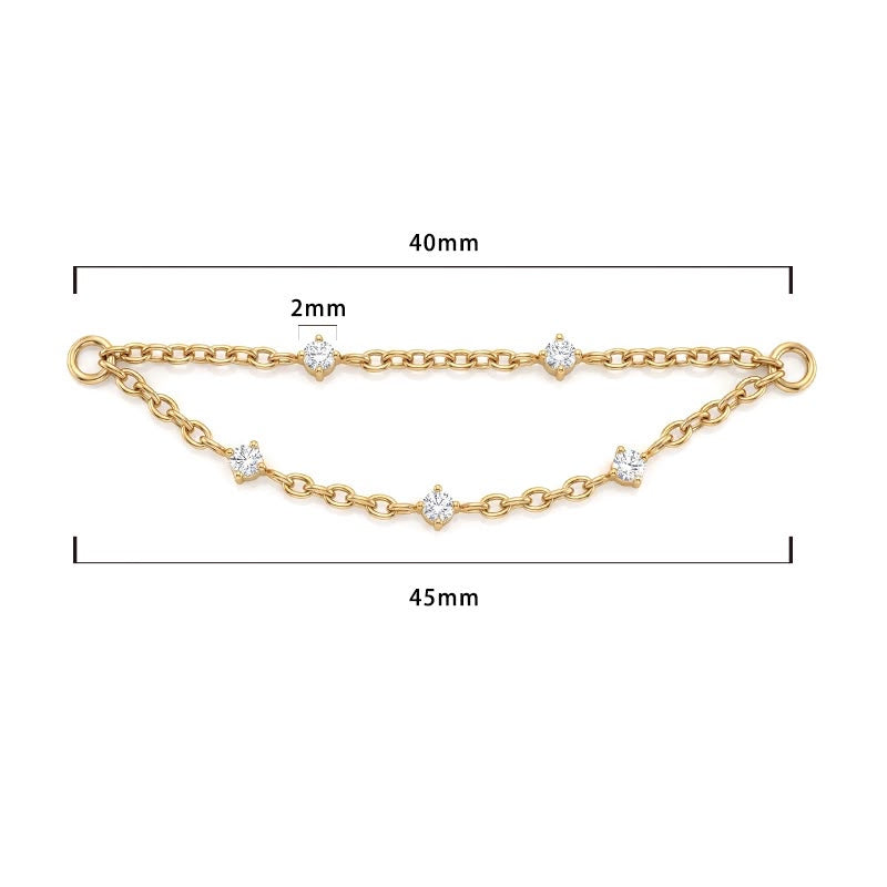 Aurora double chain connector in gold titanium with CZ accents and size measurements