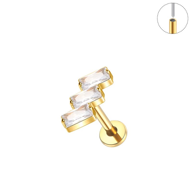Baguette Trio gold titanium flat back stud with three baguette CZ