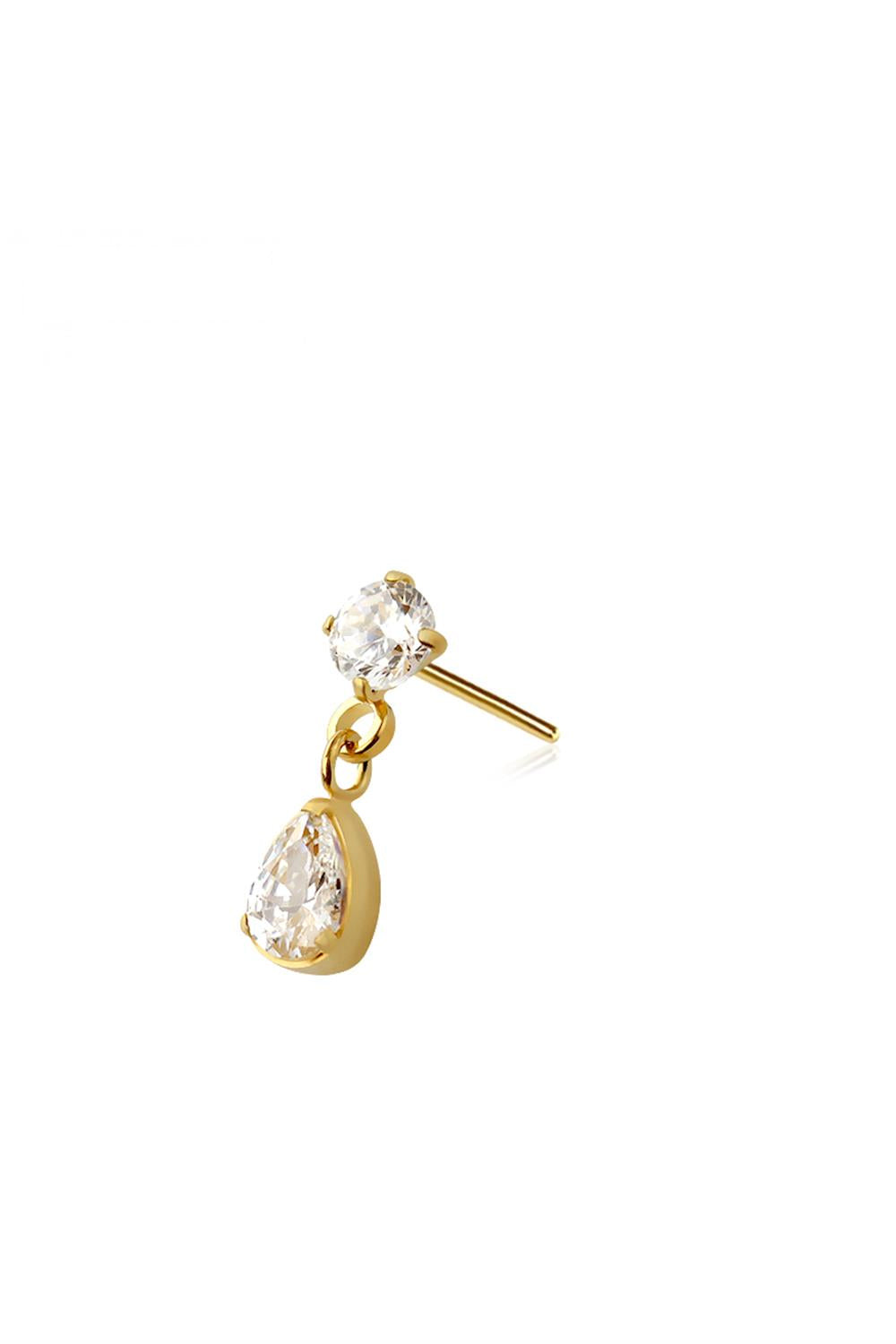 Bezel Tear Drop gold titanium stud with round CZ and pear CZ dangle