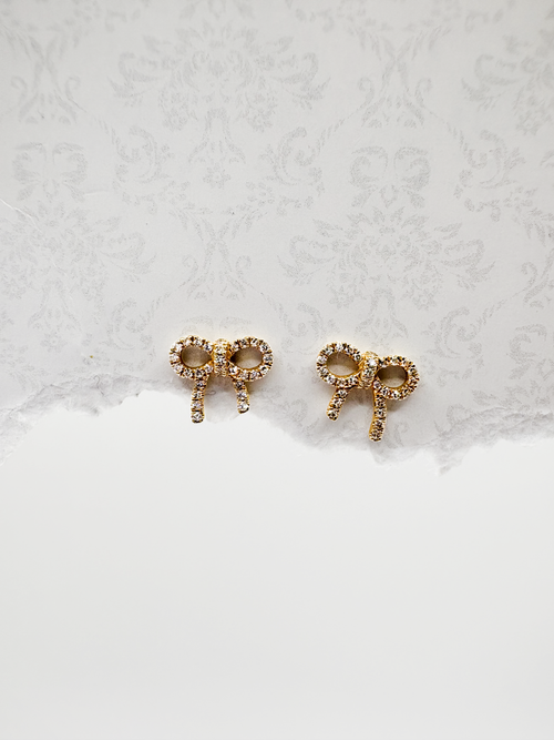 14K solid gold diamond bow stud earring