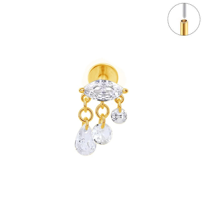 Crystal Cascade gold titanium flat back stud with marquise CZ and dangling CZ drops