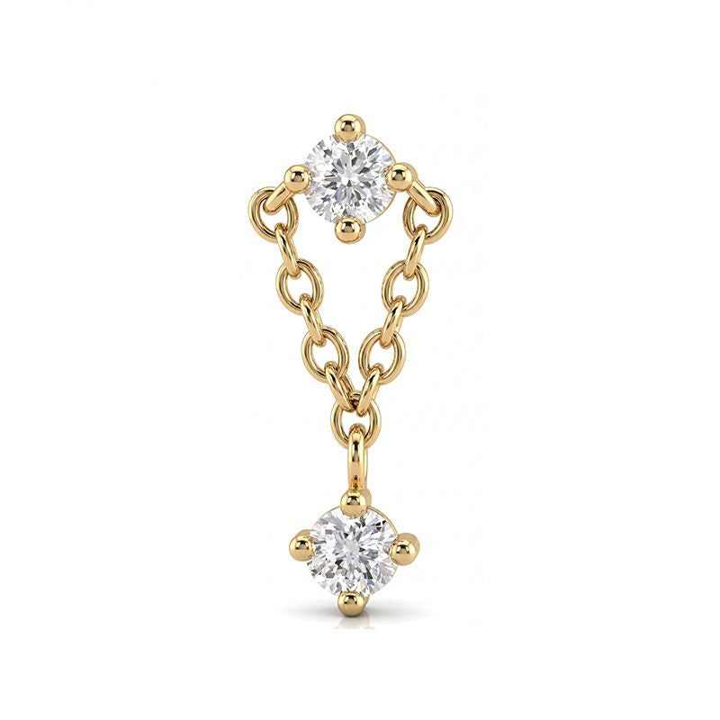 Dewdrop chain earring in 14K solid gold with two CZ and a draped chain