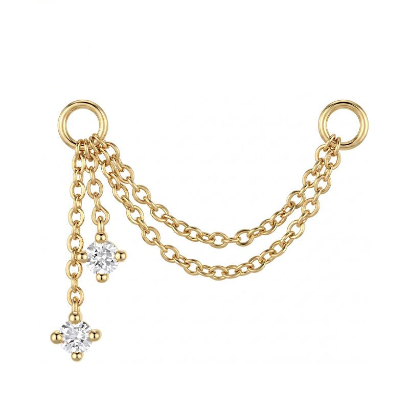 Duo Drop chain connector in 14K solid gold with two CZ drops and double chain