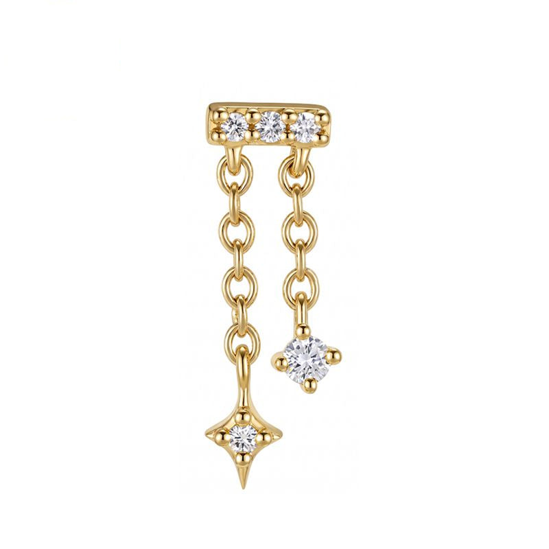 Ember Bar chain earring in 14K solid gold with pavé CZ bar and two chains