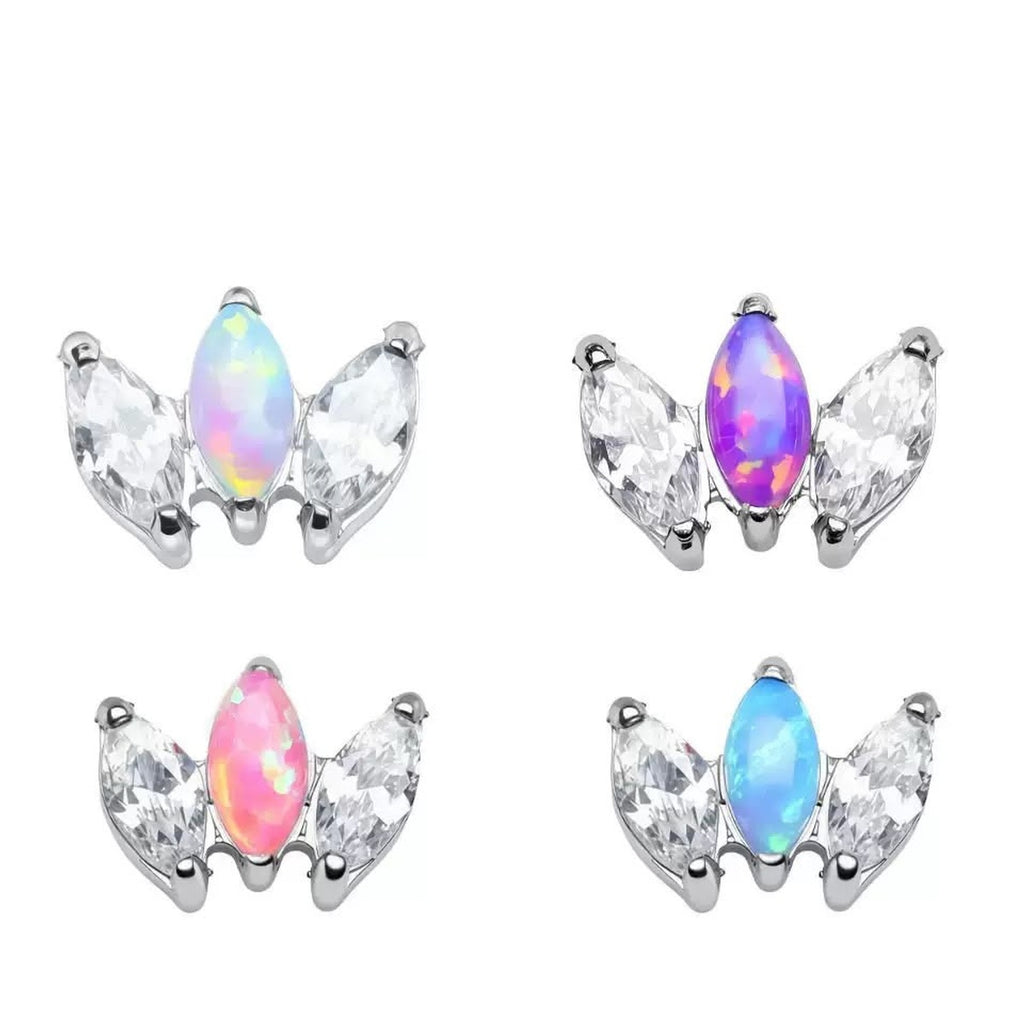 Iris Opal Trio titanium threaded flat back studs with CZ, shown in white, purple, pink and blue opal
