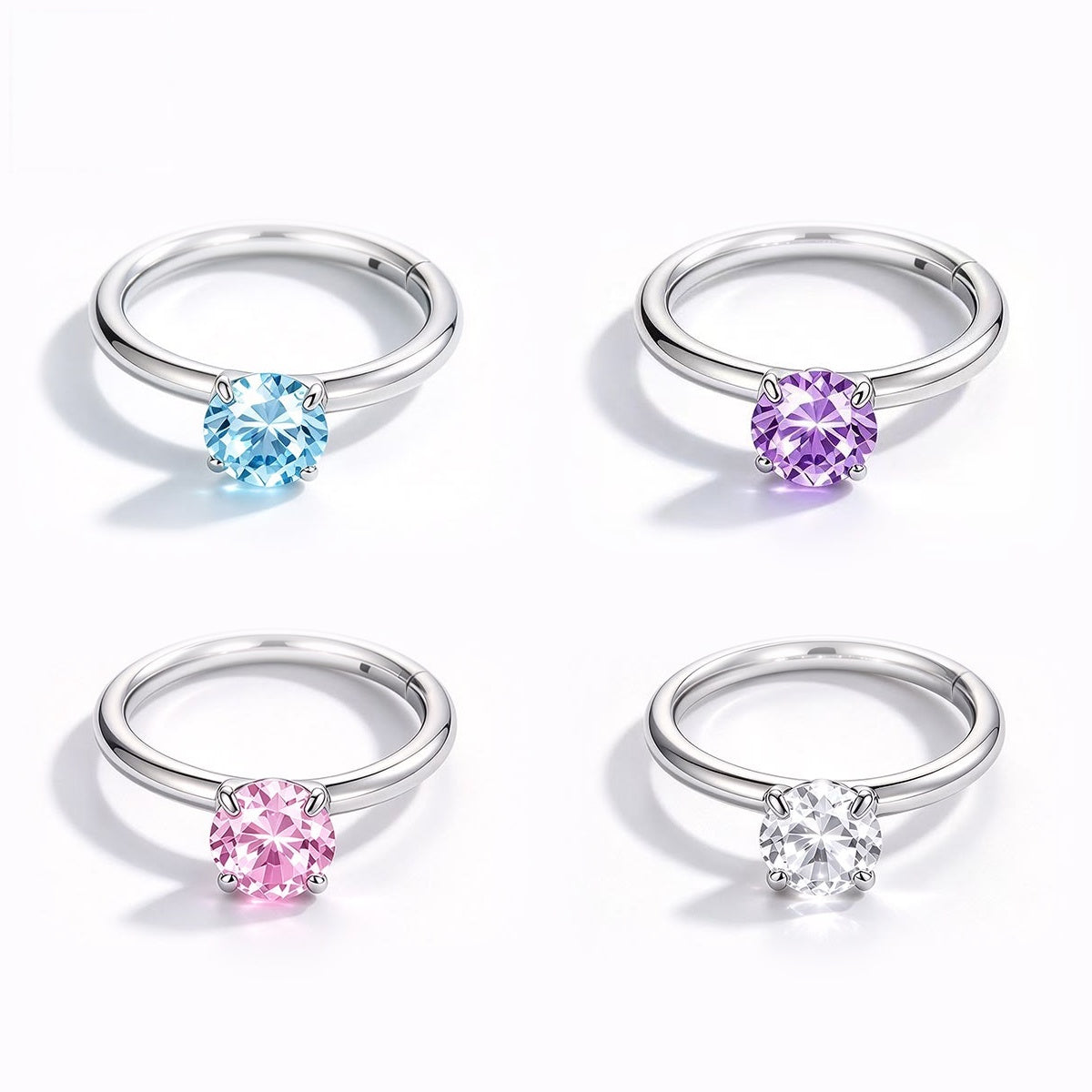 Jewel CZ hinged segment clicker in implant grade titanium, shown in blue, purple, pink and clear