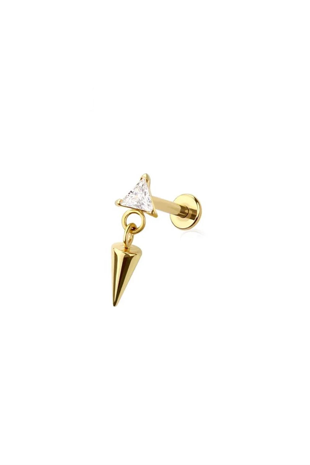 Nova Spike gold titanium flat back stud with triangle CZ and spike dangle