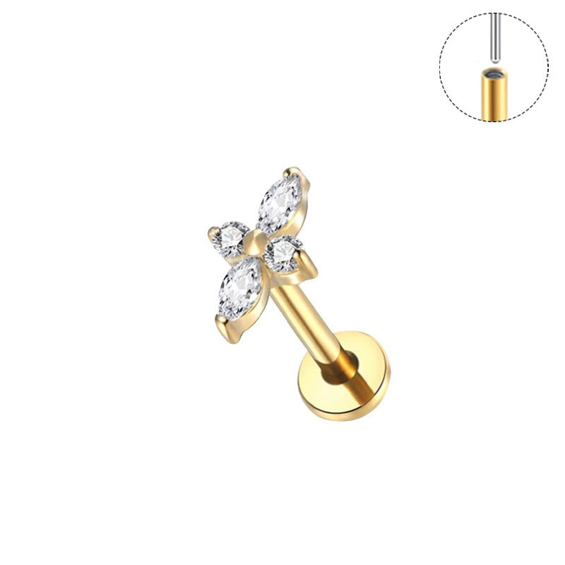 Petite Bloom gold titanium flat back stud with CZ clover top