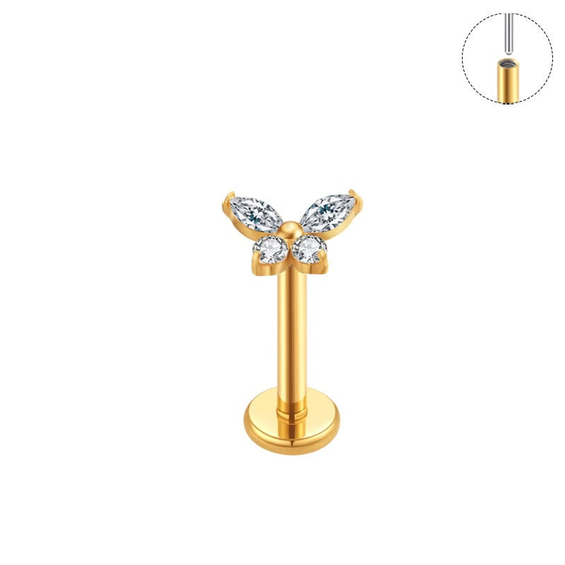 Petite Flutter gold titanium flat back stud with CZ butterfly top