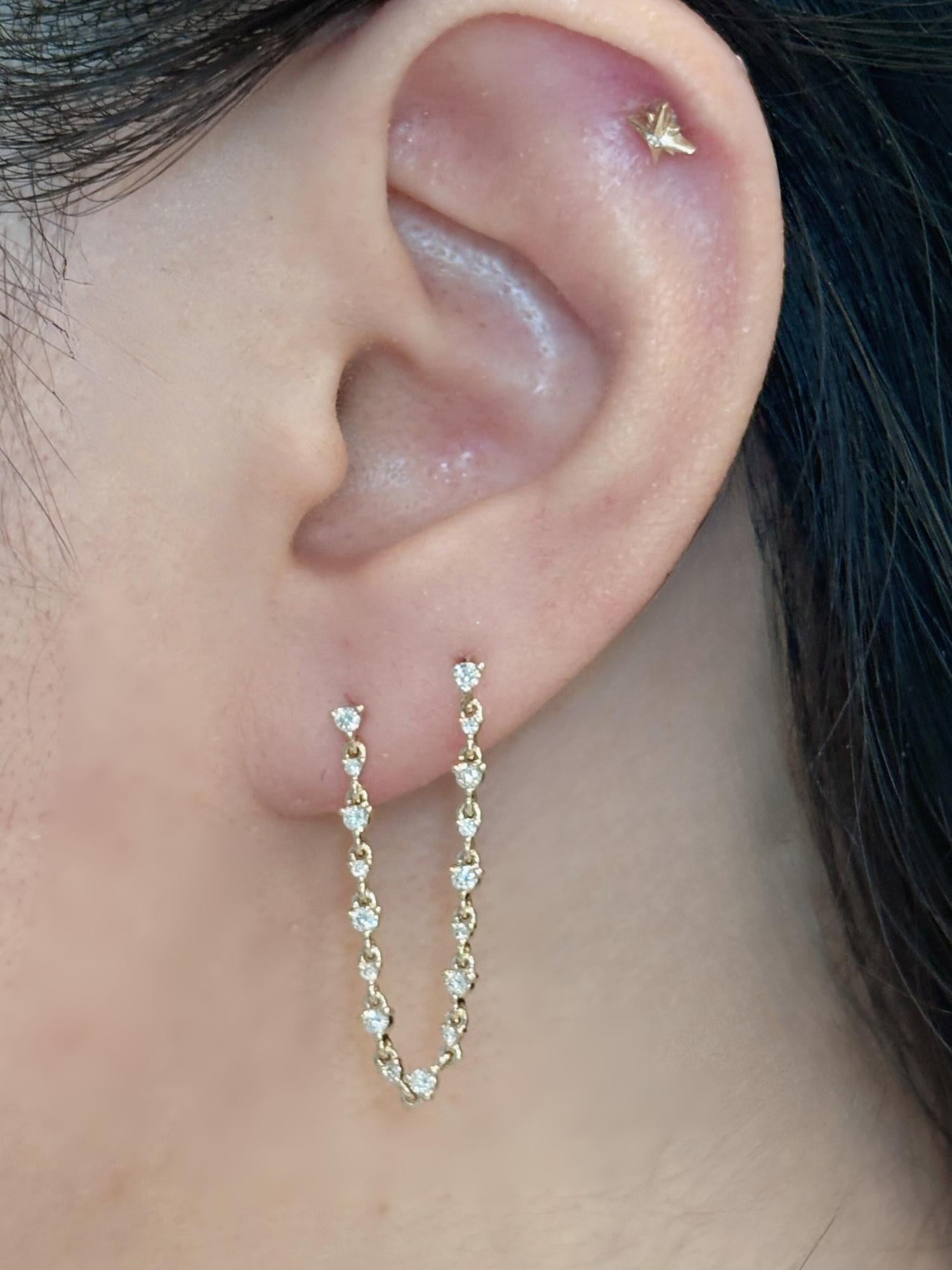 14K Solid Gold Diamond Connector Chain Earring