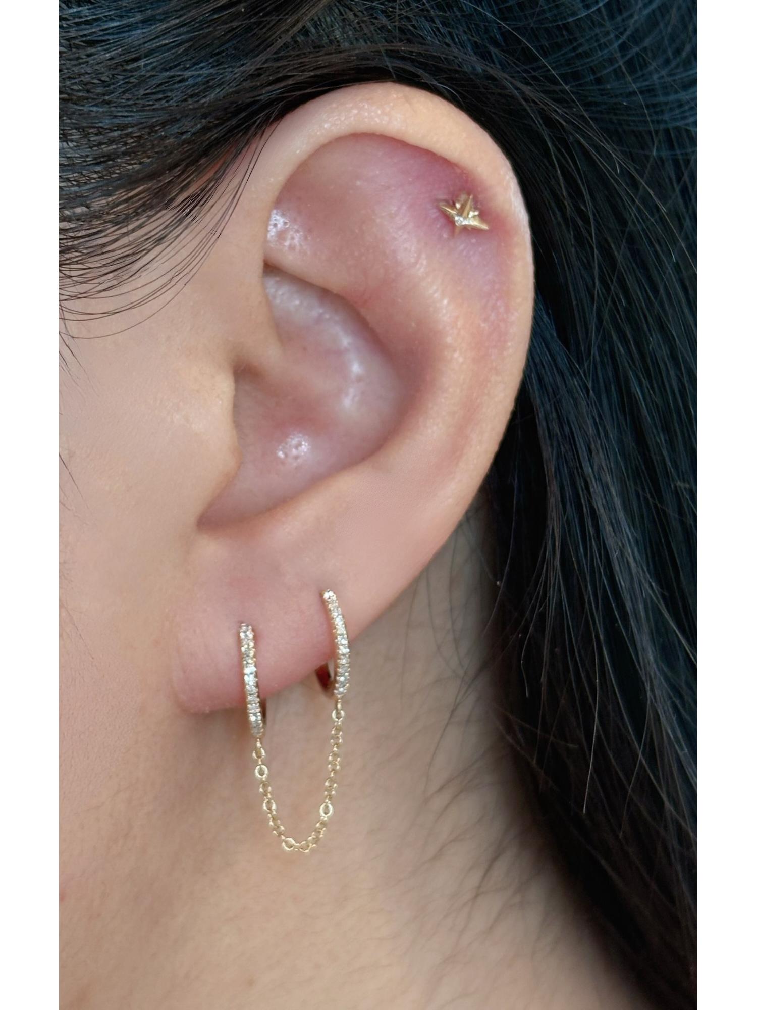 14K Solid Gold Double Pave Diamond Huggie Chain Earring