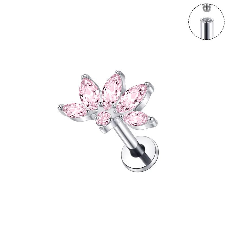 Reverie Lotus titanium flat back stud with pink marquise CZ lotus top
