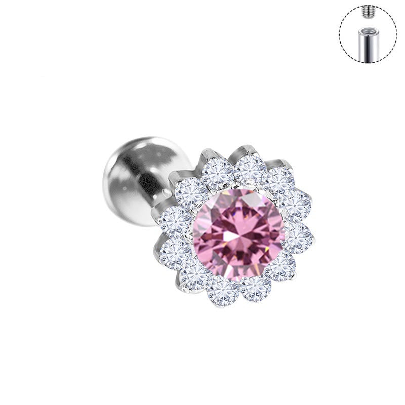 Rosette Halo titanium flat back stud with pink CZ center and flower halo