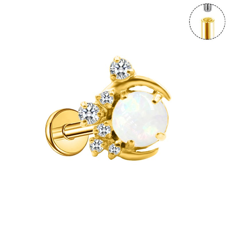 Selene Opal Crescent gold titanium flat back stud with opal moon and CZ accents
